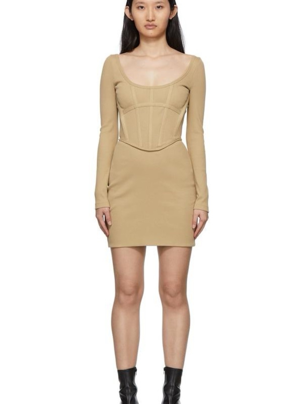 Dion Lee Rib Corset Mini Dress Beige Long Sleeve Scoop Neck Bodycon US 2